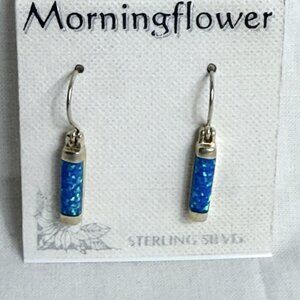 Vintage Morningflower Sterling Silver Blue Fire Opal Inlay Dangle Earrings